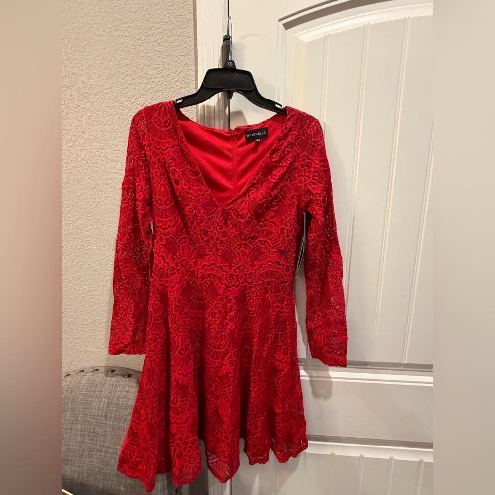 My Michelle Red Long-Sleeve Lace Fit & Flare Dress